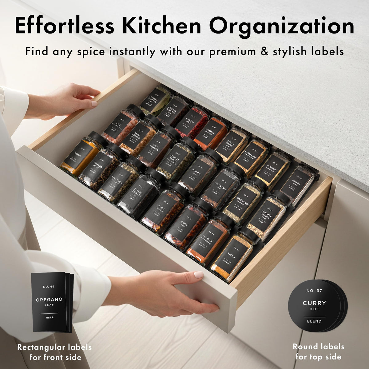 EDELHAUS Glass Spice Jars with Label, Seasoning Set, 36x Black Steel Lids