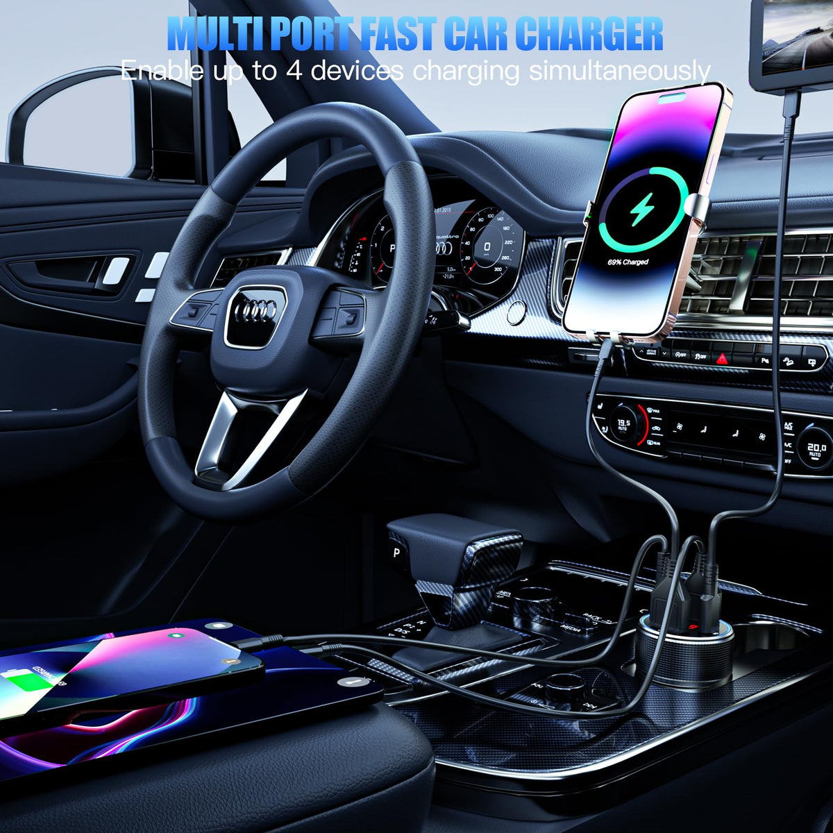 ANEXTIDE Car Charger USB C Fast Charging with 60W USB-C Cable, 78W 4 Port Metal USB Car Charger Adapter, PD QC3.0 Cigarette Lighter Adapter for iPhone 17 16 15 Pro Max, iPad, Samsung Galaxy, Android