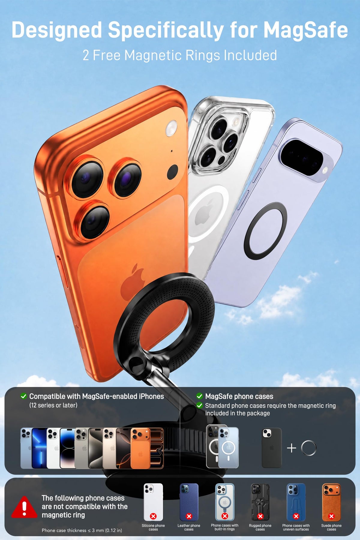 IKG Magnetic Phone Holder for Car, Vacuum Suction Car Mount for iPhone