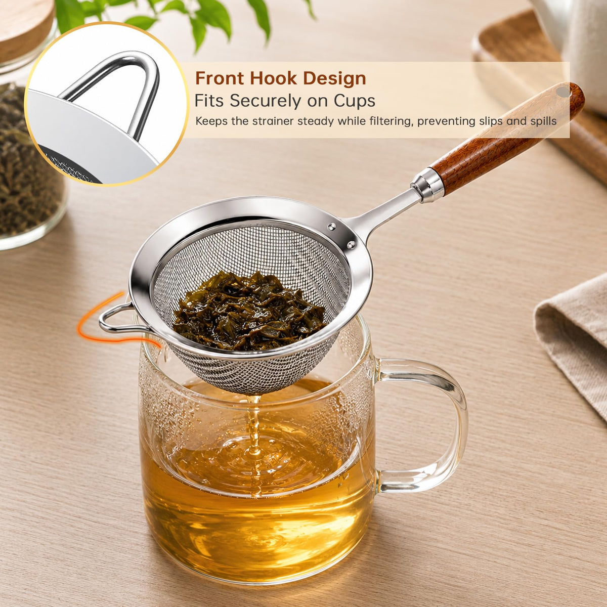 Fine Mesh Strainer Set, 30 Mesh 304 Stainless Steel Kitchen Sieve with Wooden Handle, 3 Sizes 12/14/18cm, for Sifting Flour, Tea, Rice, Pasta and Food Prep, 3 Piece Set