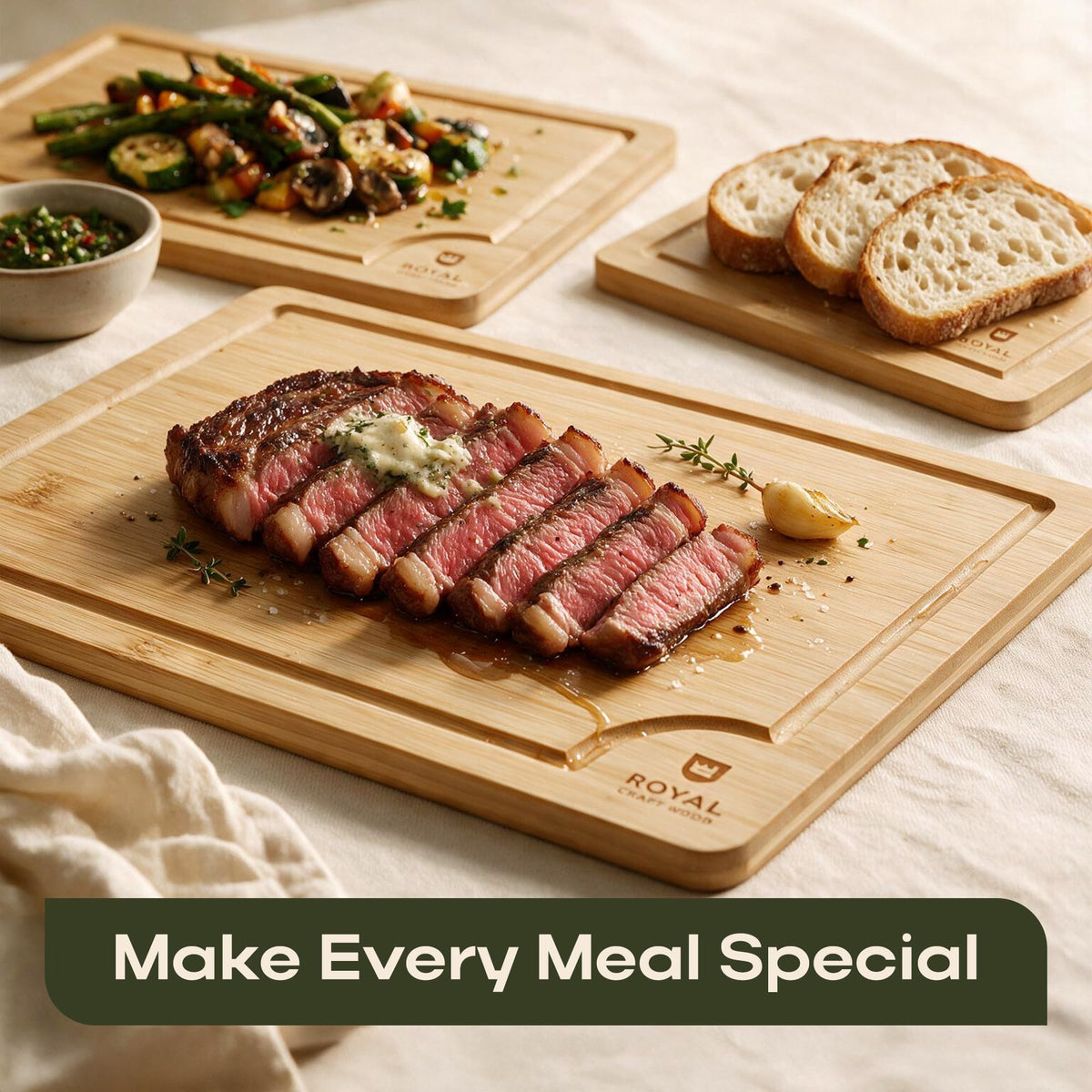 ROYAL CRAFT WOOD Wooden Cutting Boards for Kitchen Meal Prep & Serving - Bamboo Wood Serving Board Set with Deep Juice Groove Side Handles - Charcuterie & Chopping Butcher Block for Meat