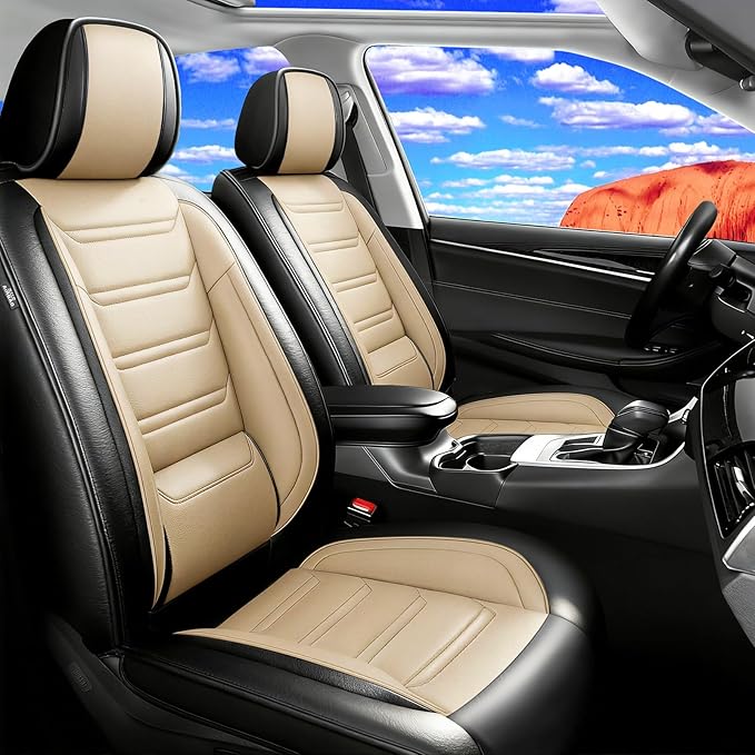 Fit Prologue Car Seat Covers for Select Honda Prologue 2024-2026 - Premium Full Coverage Leather, Airbag Compatible, Waterproof & All Weather Seat Cushion Protector, Front Pair Black+Beige