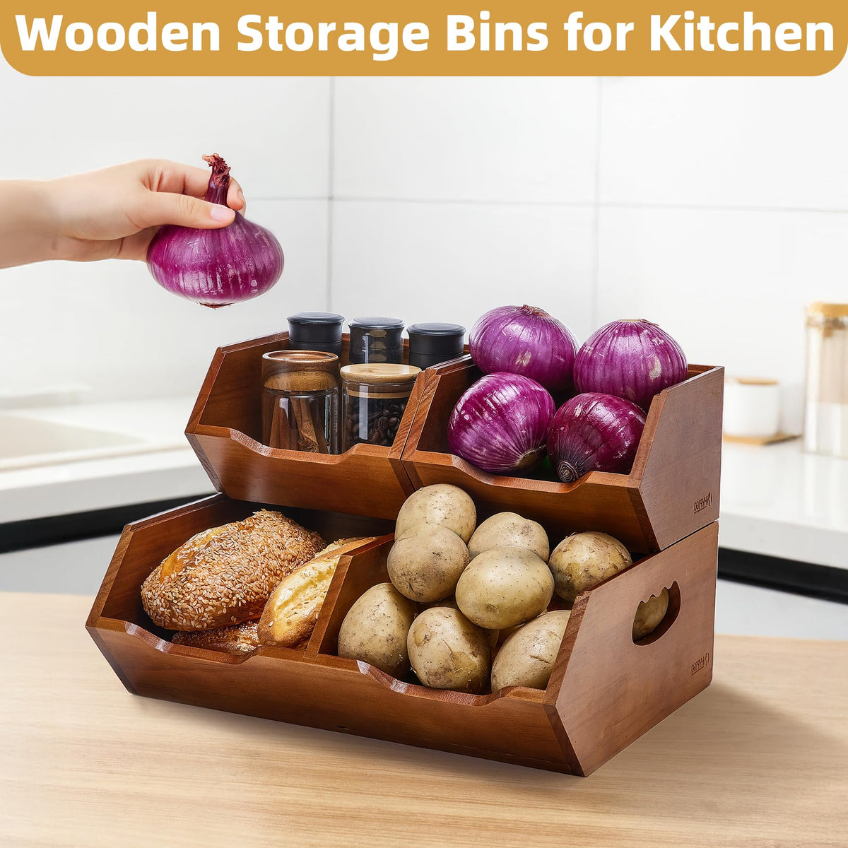 HYPIGO Wood Potato & Onion Storage Bin,2-tier Stackable Pantry Organizer