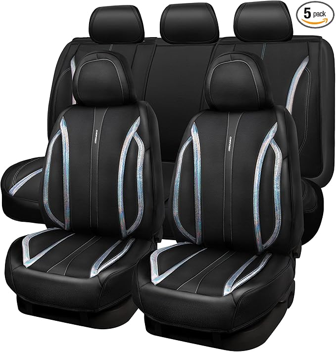 CAR PASS Nappa Leather Seat Covers, Waterproof Durable Universal fit for Women Girly SUV Truck,Anti-Slip Driver Seat Cover with Backrest, full set 5 Holographic Black Silver strips Iridescent colorful