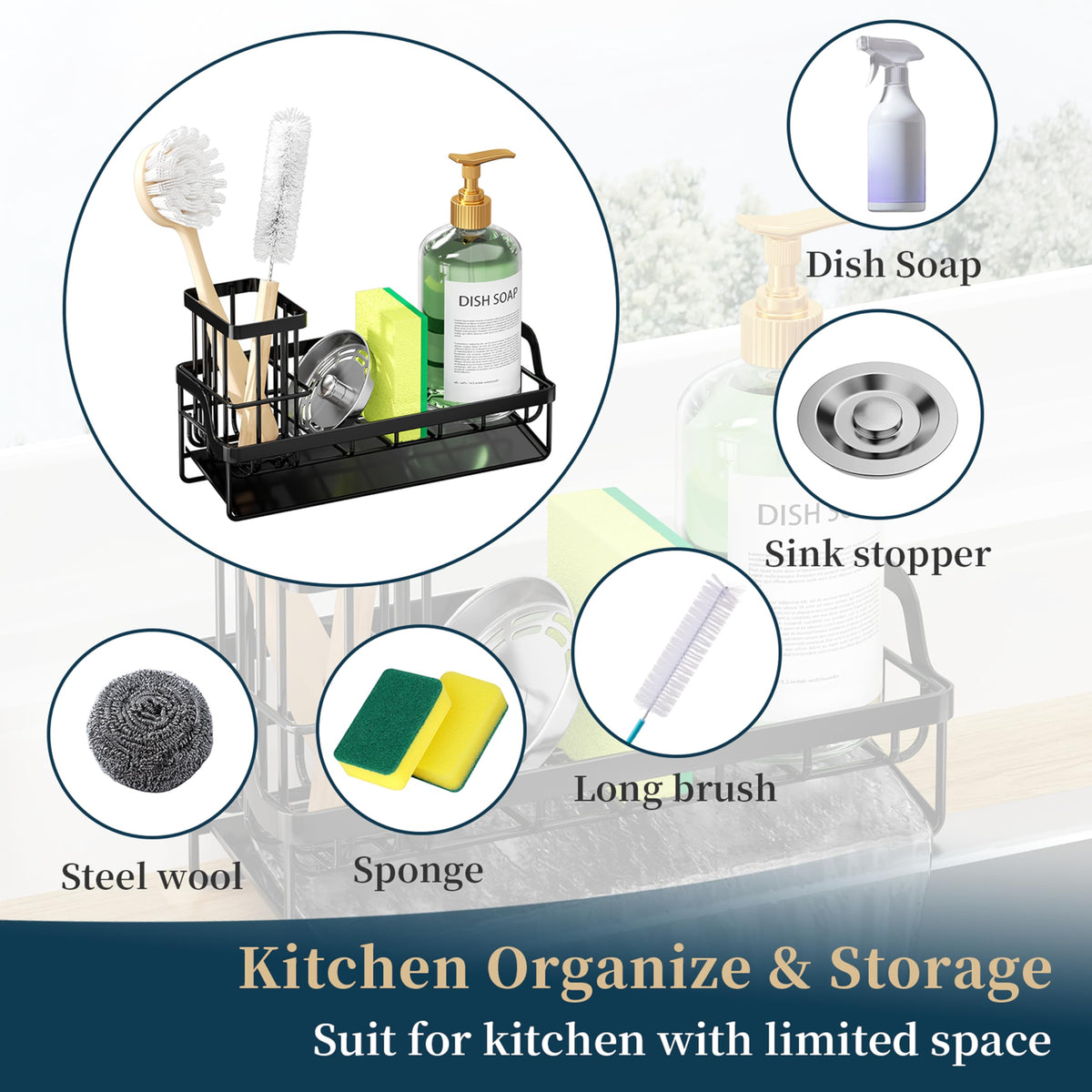 Consumest Sponge Holder for Kitchen Sink - Sink Caddy with Stainless Steel Self Drain Tray, Sink Organizer with High Brush Holder Countertop for Kitchen Sink Accessories, Black