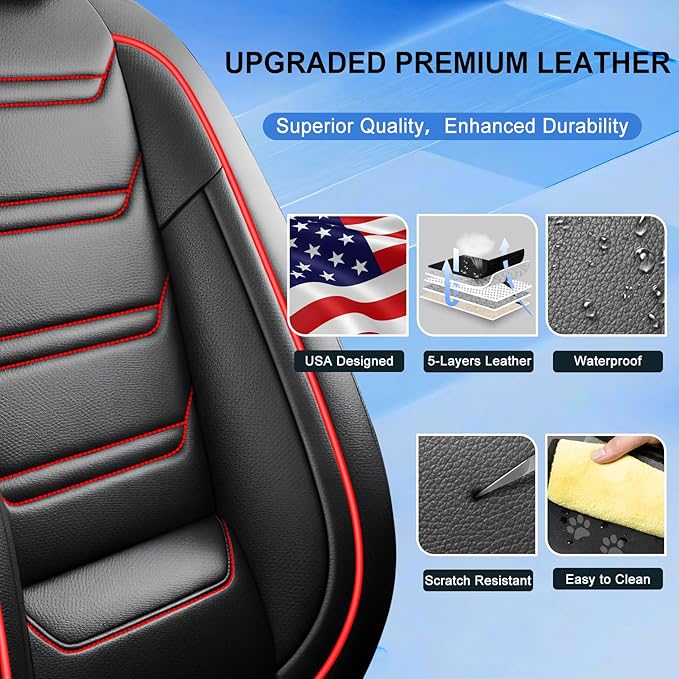 Fit Insight Car Seat Covers for Select Honda Insight 2010-2022, Premium Full Coverage Leather, Airbag Compatible & Scratch-Resistant, Waterproof All Weather Seat Protector, Full Set, Red Trim