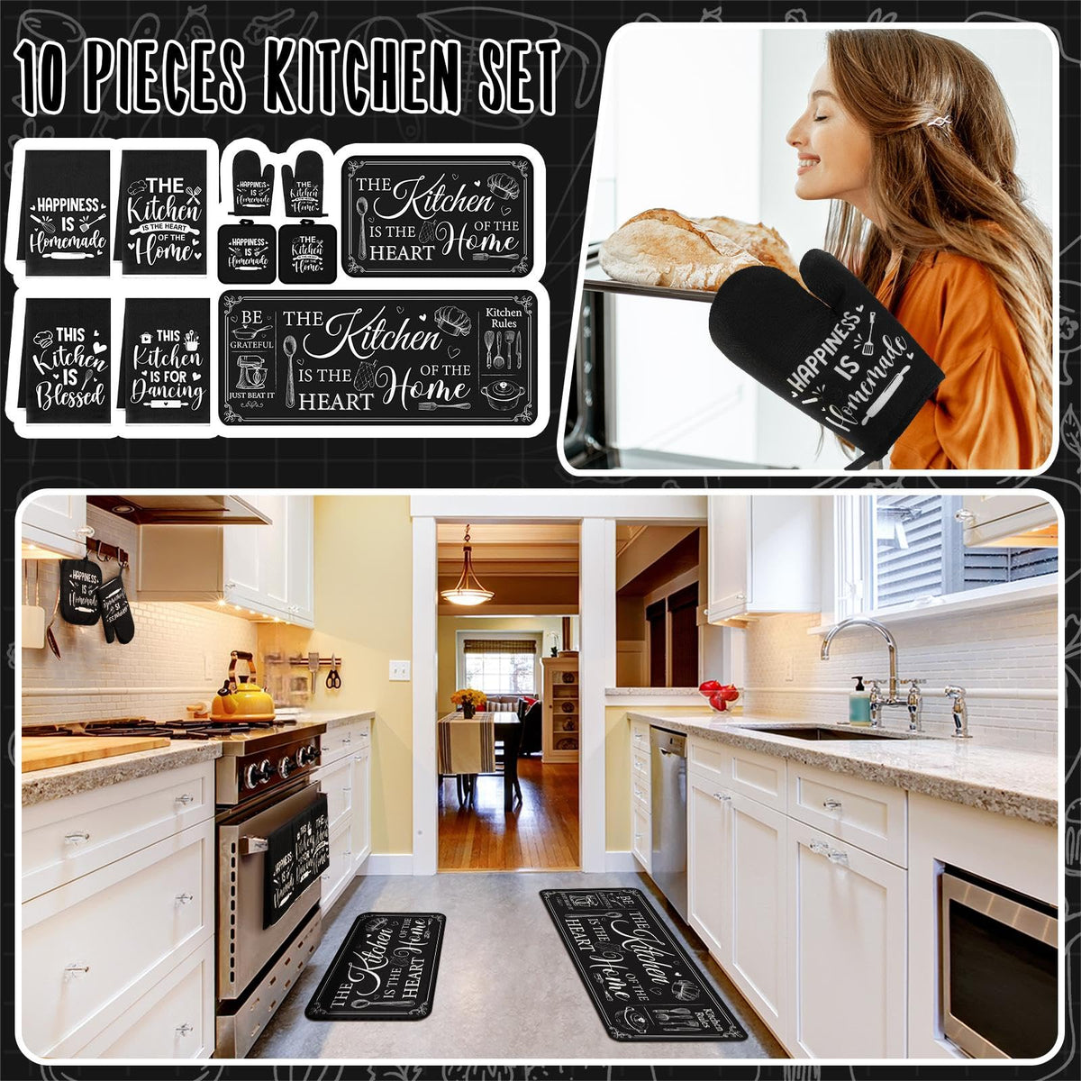 Fourluoo 10 Pcs Farmhouse Kitchen Decor and Accessories Set Black