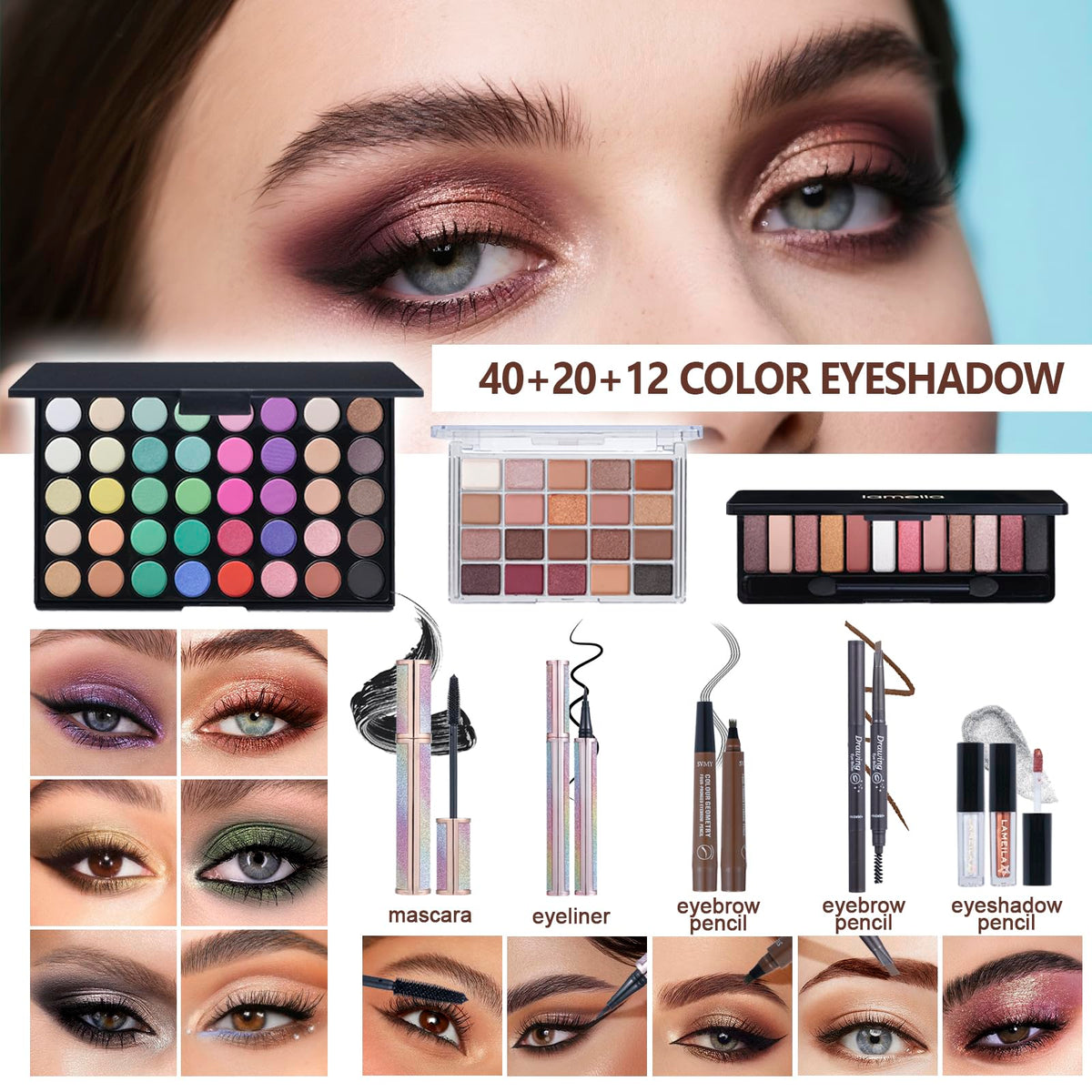 Makeup Set for Women Full Kit Includes, eyeshadow、 liquidfoundation,Loose powder,Eyebrow pencil,Lipstick Eye Pencil Makeup BrushesMakeup practice board 4-color lip gloss set