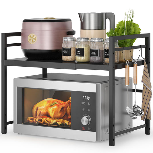 DOLALIKE Microwave Oven Rack, Expandable Microwave Stand Countertop Kitchen Utensils Tableware Storage, Carbon Steel Over Microwave Shelf Countertop with 3 Hooks