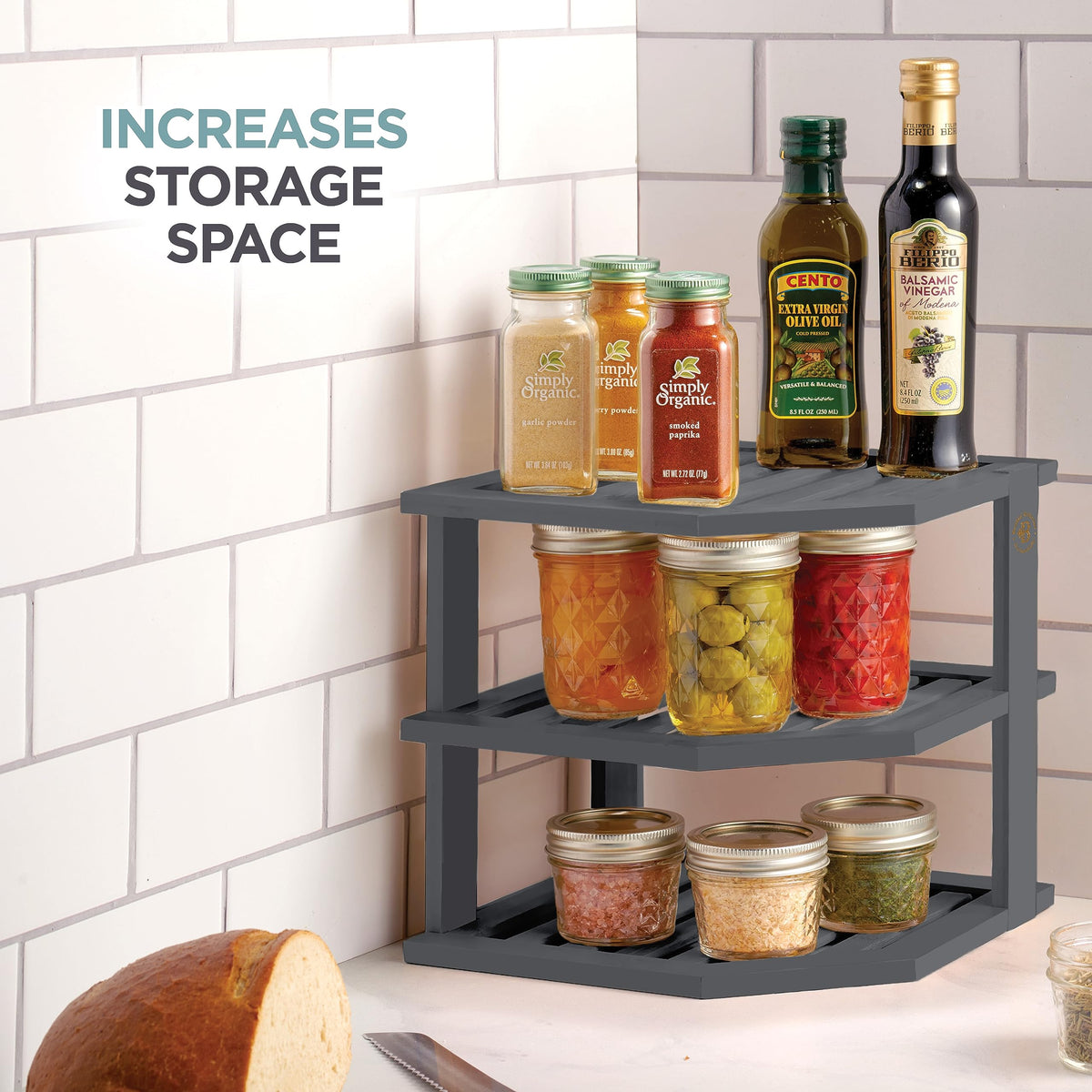 Bambüsi Grey 3-Tier Corner Shelf, Kitchen Cabinet Organizer, Bamboo Rack