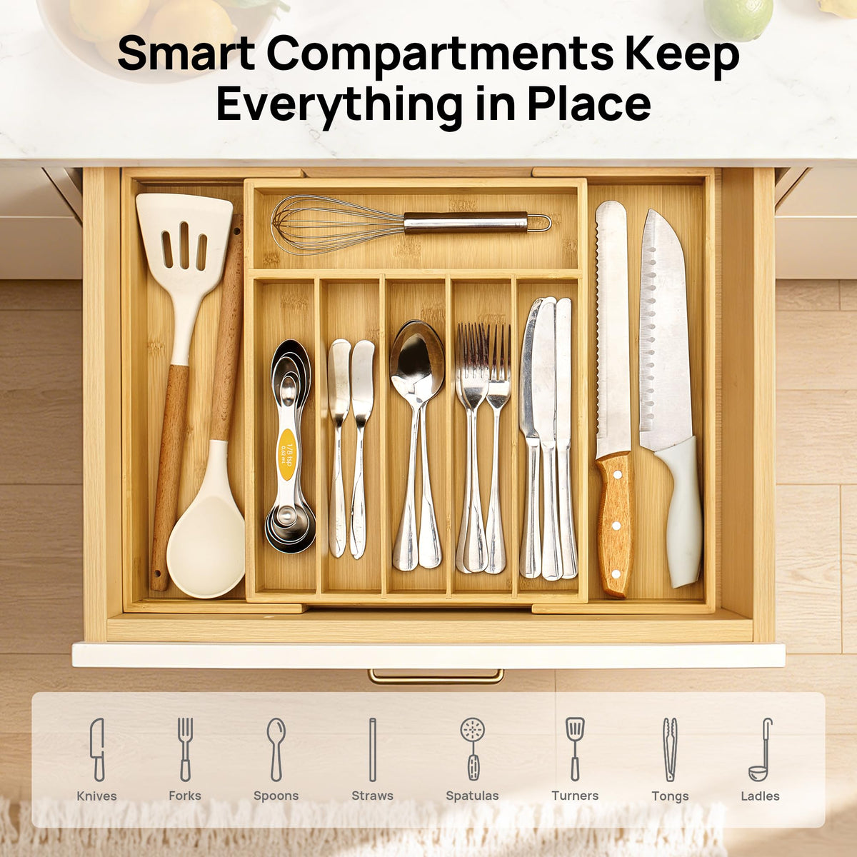 Vtopmart Expandable Bamboo Drawer Organizer for Kitchen, Adjustable Tray