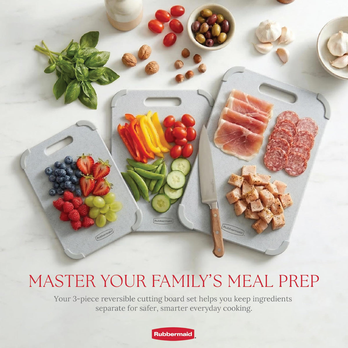 Rubbermaid 3pc Reversible Wheat Fiber Cutting Board Set | BPA Free Non Toxic Cutting Boards for Kitchen – Dishwasher Safe, Non-Slip Corners & Lightweight | For Meat, Veggies & Fruits