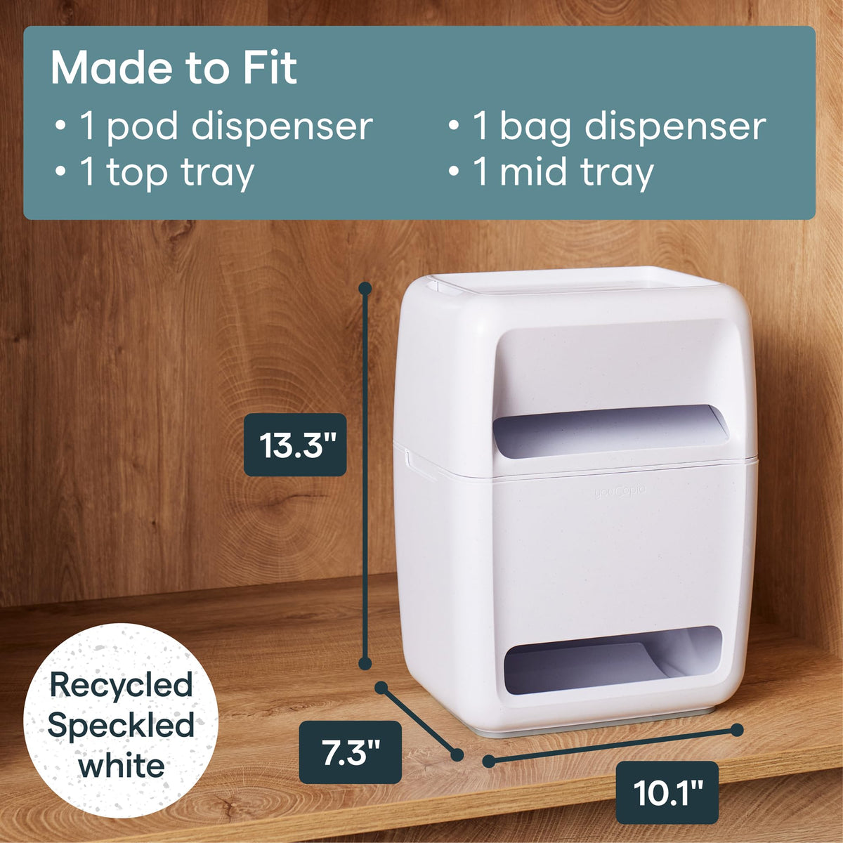 YouCopia SinkSuite Bag & Pod Dispenser, Standing Garbage Bag and Dishwasher Pod Organizer with Removable Lids for Storage, Speckled White