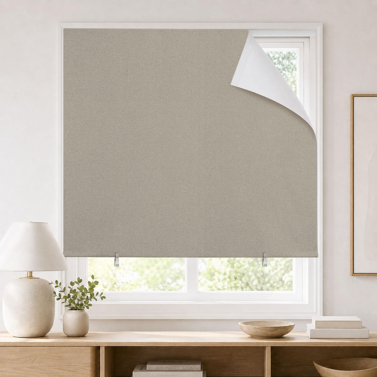 JILRON 100% Blackout Roller Shades,No-Drill Adhesive Blackout Curtains,Blinds for Indoor Windows(47" W x 72" H, Light Coffee)