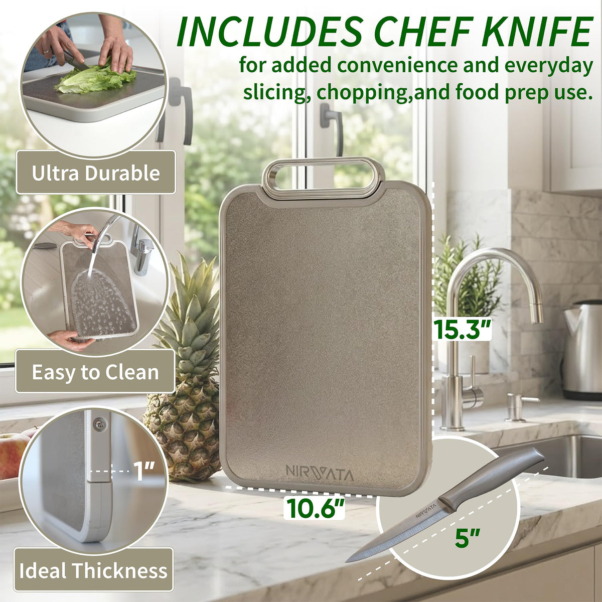 NIRVATA Titanium Cutting Boards for Kitchen - Metal Cutting Board with Chef Knife, 2-in-1 Pure Titanium & Food Grade PP, Meat Chopping Board, Large Cutting Board, 16” × 11” (Titanium)