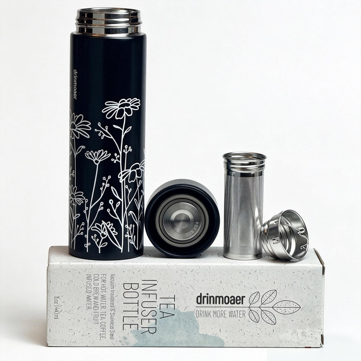 drinmoaer Tea Thermos with Infuser for Hot and Cold Infusions - Stainless Steel - Tea Infuser Bottle - Leakproof Travel Mug with Filter - 15oz - Black