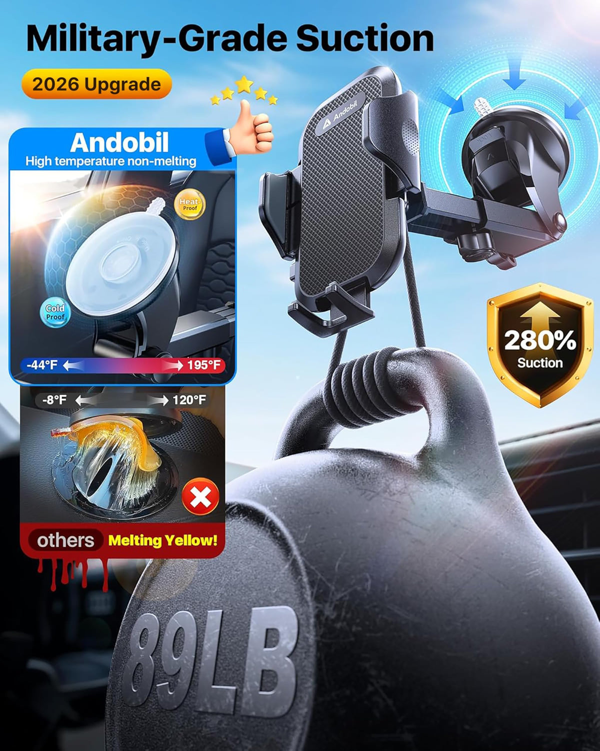 andobil Military-Grade Phone Holders for Your Car 【89+ LBS Strongest Suction & Metal Clip】 2026 Ultimate Car Phone Holder, Dashboard Windshield Vent Cell Phone Car Mount for iPhone Sumsung Android