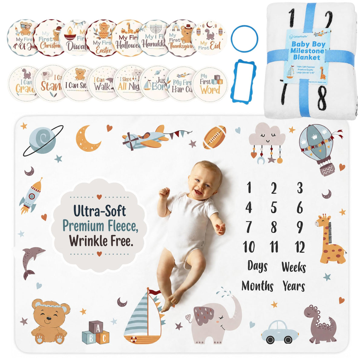 Baby Boy Monthly Milestone Blanket 60x40 - 16 Stickers, Newborn Photo Gift