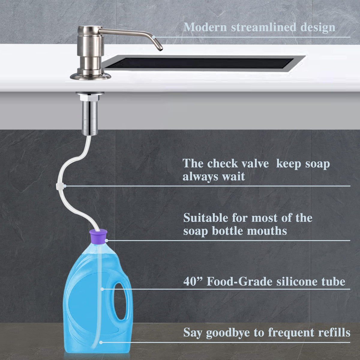 GAGALIFE Soap Dispenser for Kitchen Sink (Brushed Nickel) and Extension Tube Kit, Complete Brass Head, 40" Silicone Tube Connect to The Soap Bottle Directly, Say Goodbye to Frequent Refills