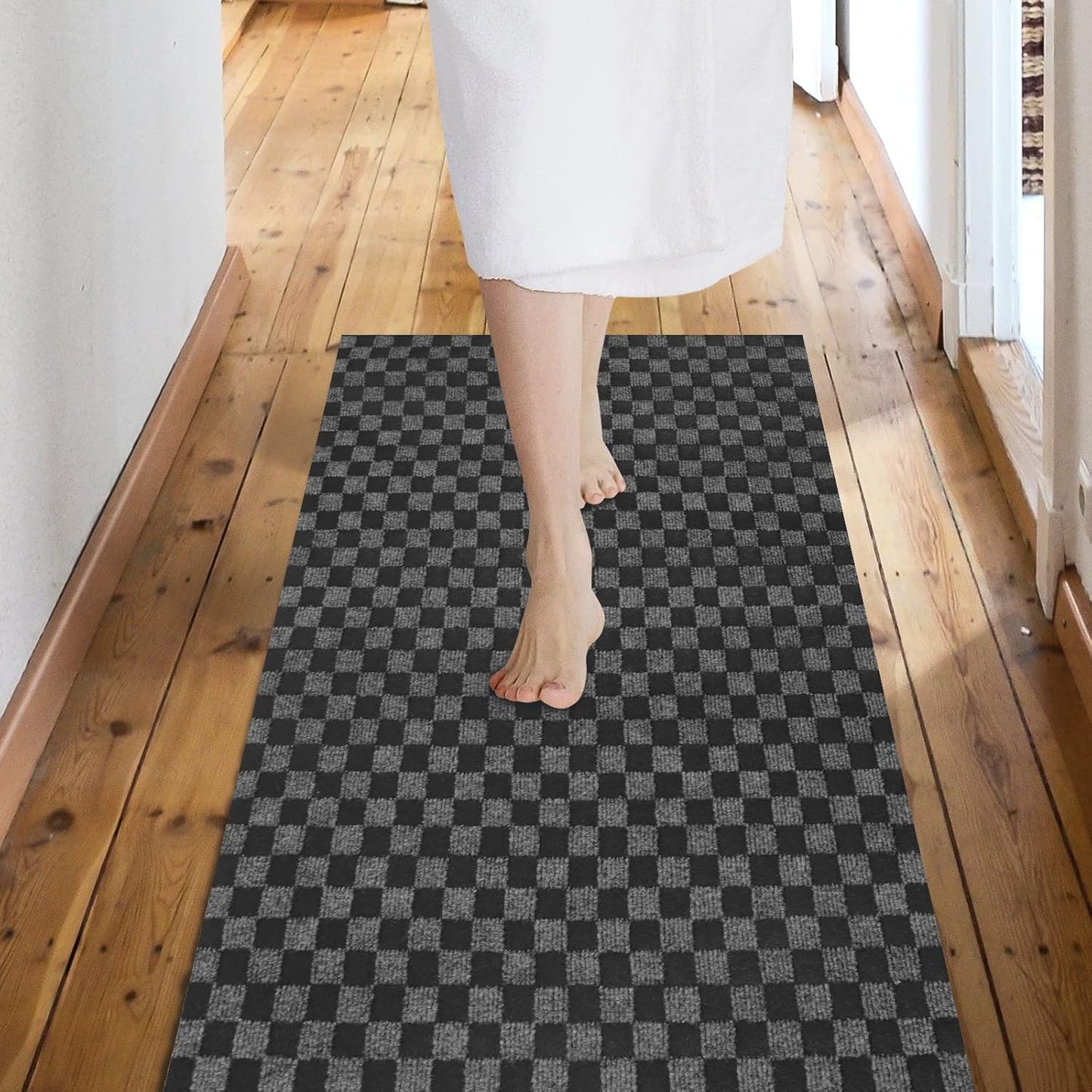 Custom Size Backed Non-Slip Area Rugs Runner, Easy Clean, Waterproof Runner Rugs for Hallway Entryway, Kitchen, Laundry, 3FT x 74FT, Gray Checkered
