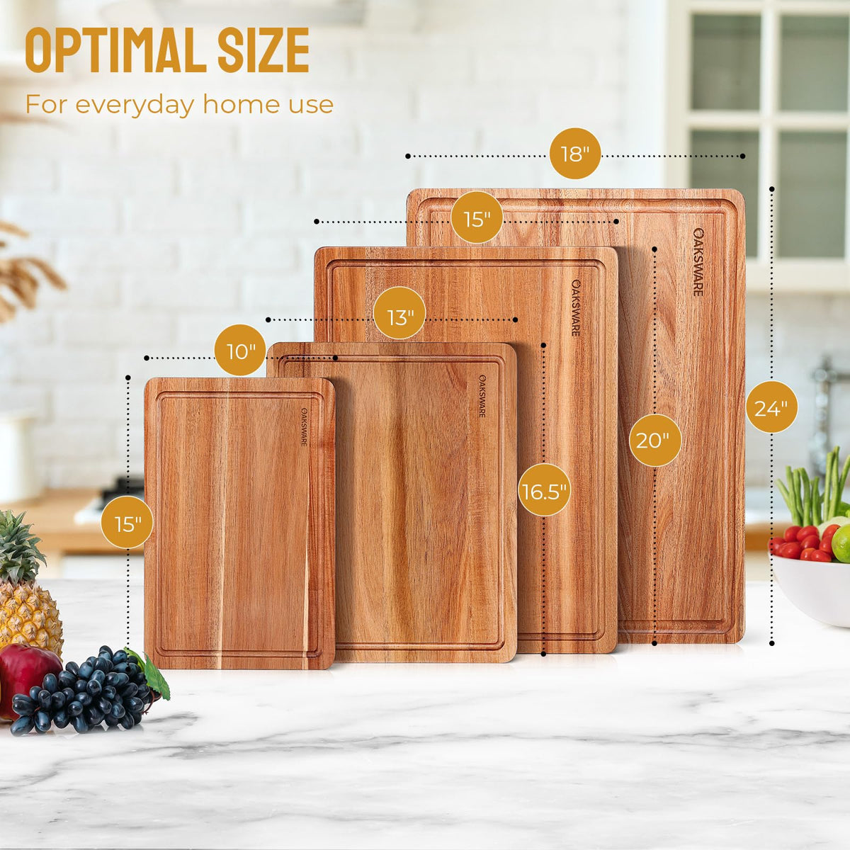 OAKSWARE 16.5" x 13" Acacia Wood Cutting Board, Kitchen Prep Station