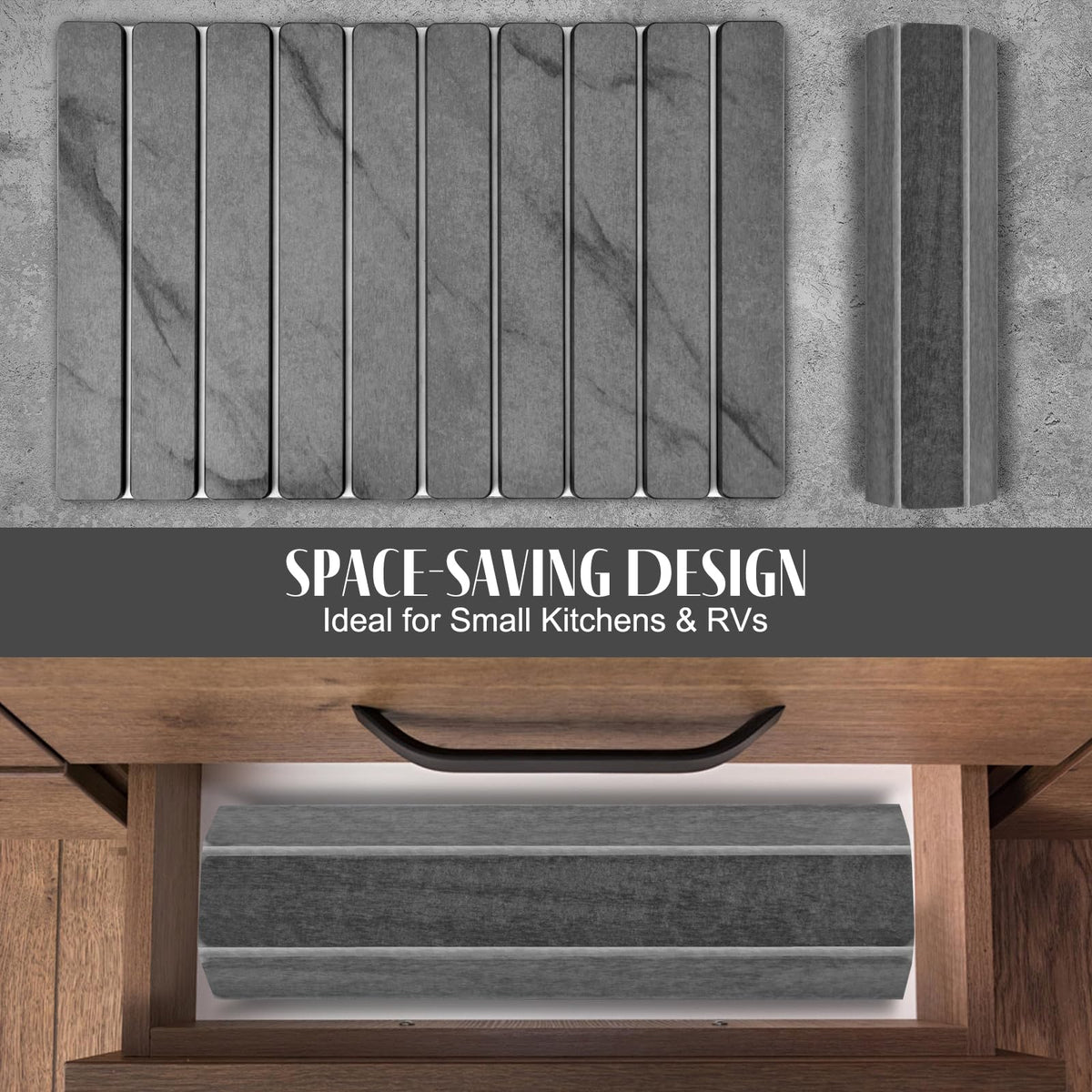 2 PCS Large Stone Dish Drying Mat for Kitchen Counter, 24"×16" Marble-Pattern Dish Drying Mat with 8"x 4" Coasters, Non - Slip Collapsible Absorbent Mat for Multi - Purpose, Match Any Countertop【Gray】