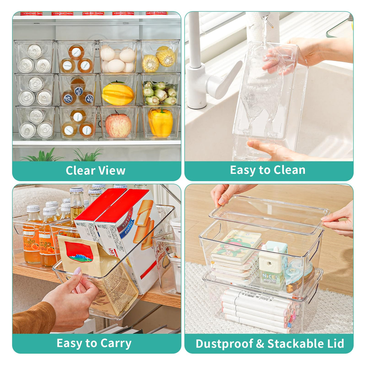 6 Pack Small Clear Storage Bins with Lids, Plastic Arts and Craft Storage Containers, Stackable Clear Plastic Craft Storage Bins with Handles for Classroom Storage Organization,Kitchen, Fridge, Office