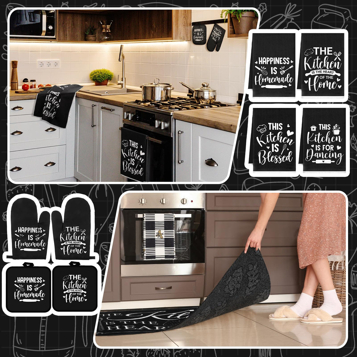 Fourluoo 10 Pcs Farmhouse Kitchen Decor and Accessories Set Black