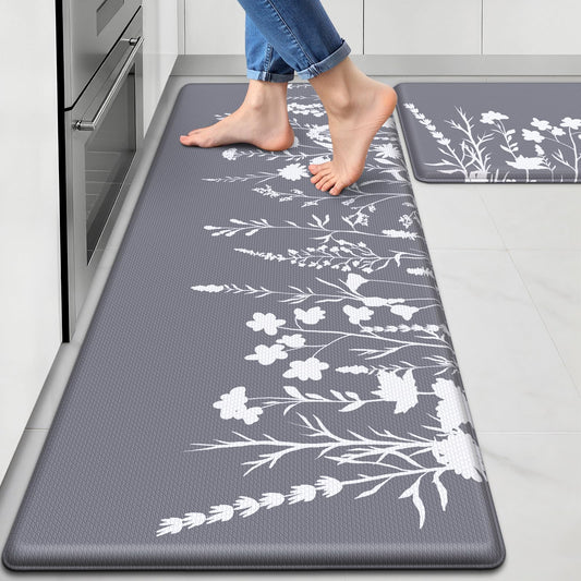 SofterCharm Kitchen Mats for Floor, 2-Piece Anti-Fatigue Kitchen Rugs, Grey