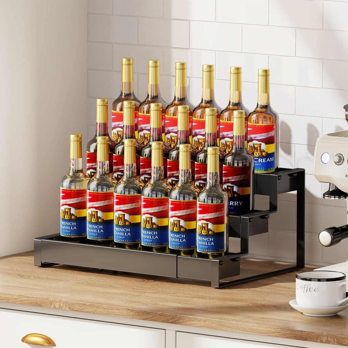 Expandable Coffee Syrup Organizer, 3-Tier Syrup Rack, 15-24 Bottles
