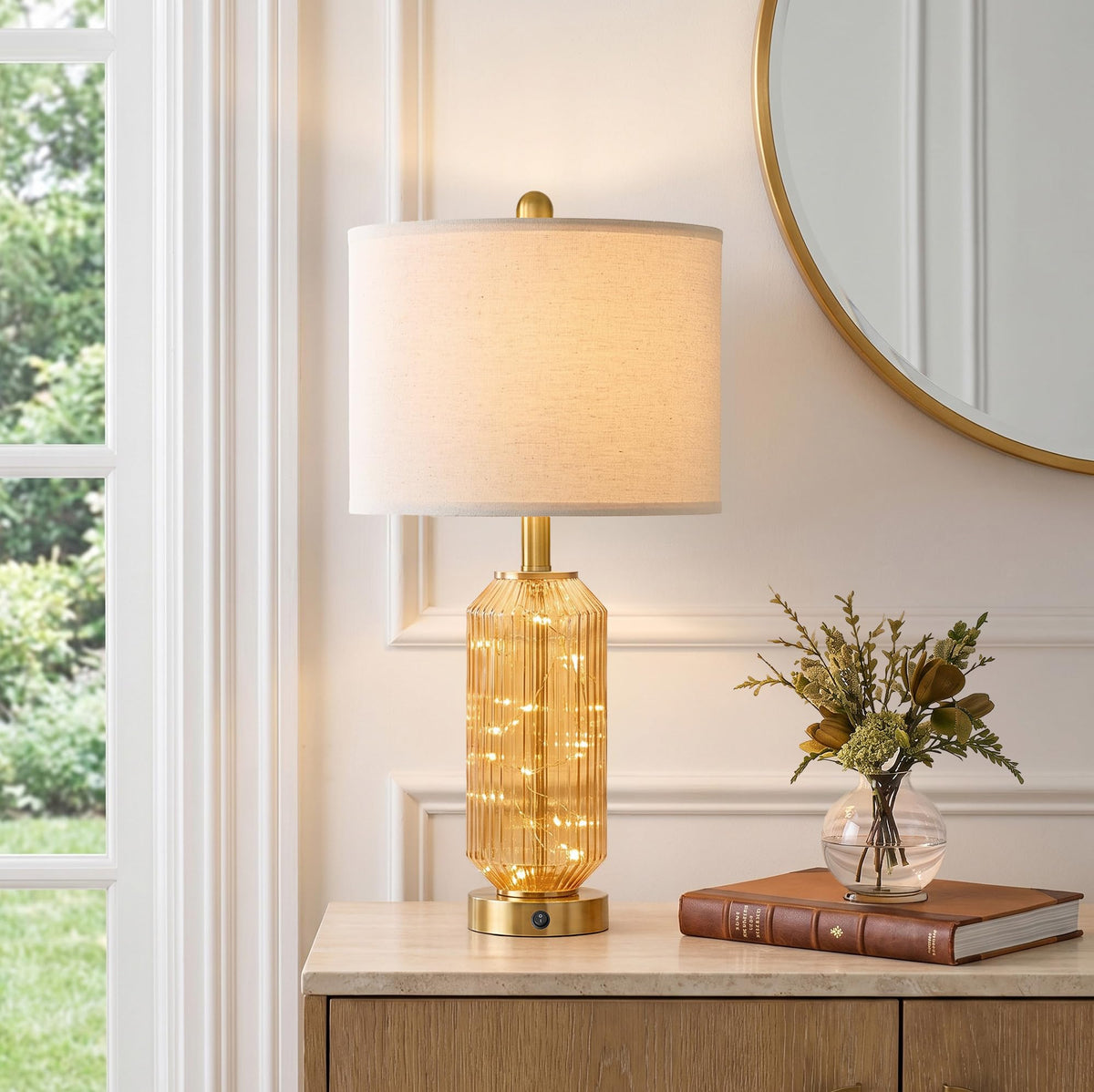Oneach 24.5" Bedside Table Lamps Set of 2, Amber Glass Lamp with Nightlight