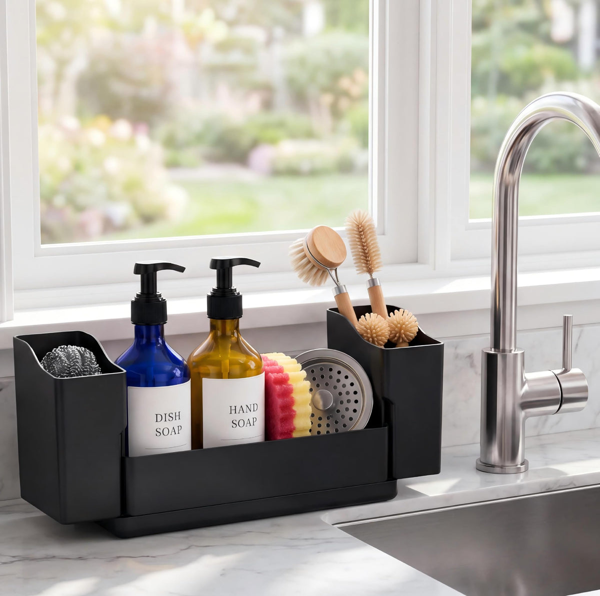 Sotfamily Sponge Holder for Kitchen Sink with Drying Stone, Black