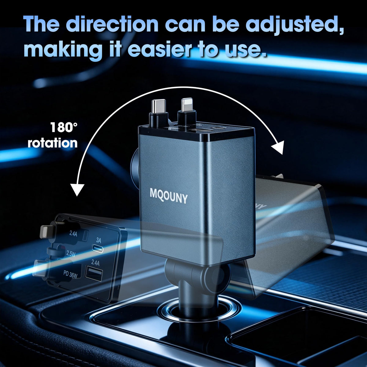 MQOUNY Retractable Car Charger, 87W USB C Fast Charge