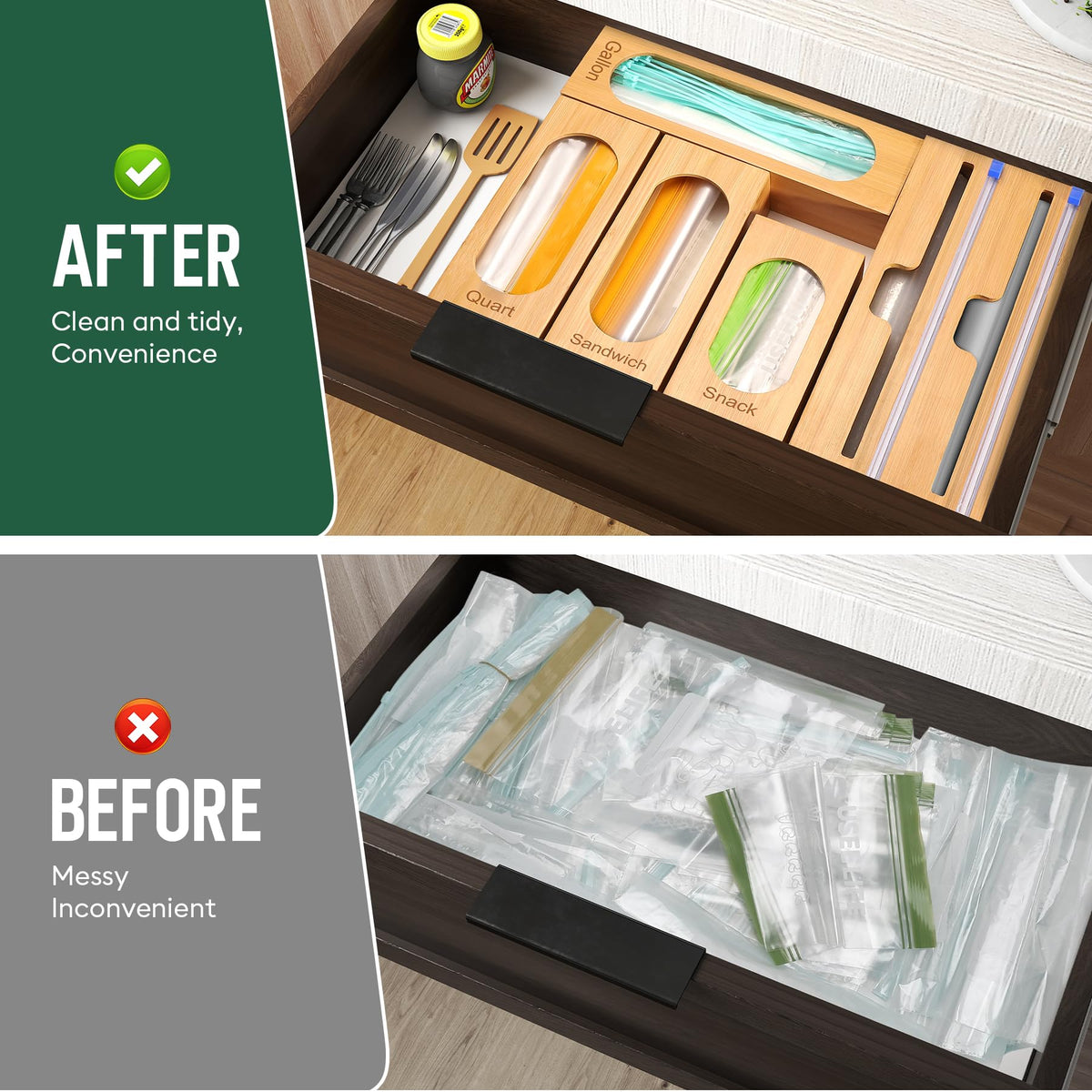 Gamtik Storage Bag Organizer for Kitchen Drawer, 5-Slot, Bamboo