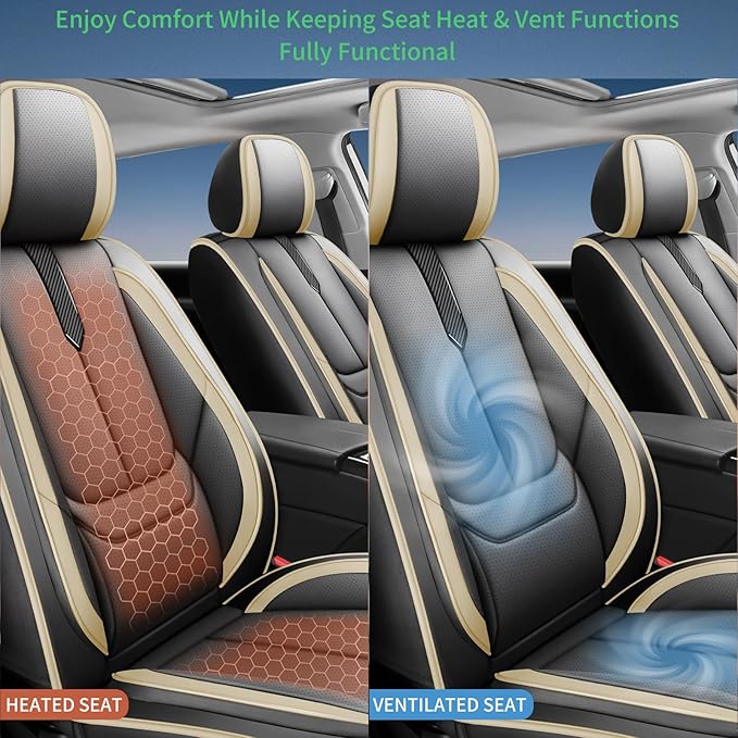 Fit Forester Car Seat Covers for Subaru Forester 2007-2024 2025 2026 -Upgraded Premium Waterproof & Breathable Leather,Airbag Compatible,All-Weather Seat Cushion Protector,2 Front/Black-Beige