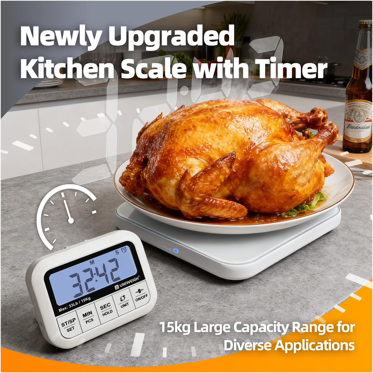 UNIWEIGH Digital Kitchen Food Scale 33lb-Detachable LCD Display 1g/0.1oz