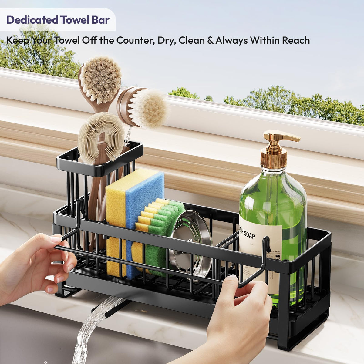 SWTYMIKI Sponge Holder for Kitchen Sink - Sink Caddy with Brush Holder Self-draining Sponge Caddy Organizer with Divider Stainless Steel Kitchen Accessories Storage for Countertop, Black