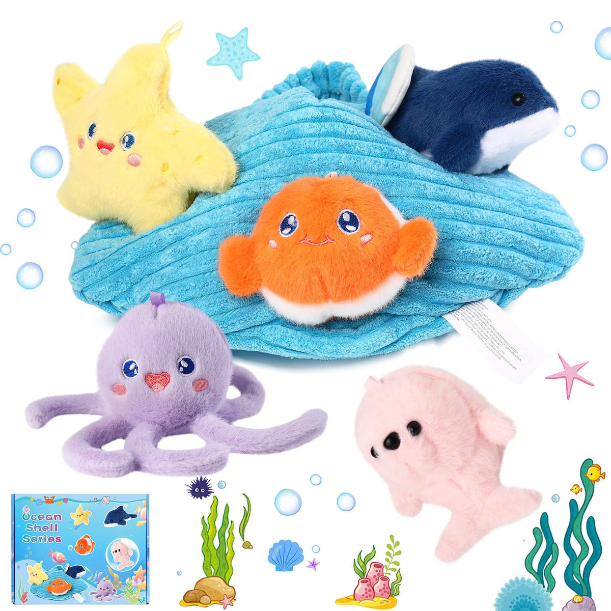 MIAODAM Ocean Sea Stuffed Animal Plush Set, 6Pcs Soft Sea Creature Plushies