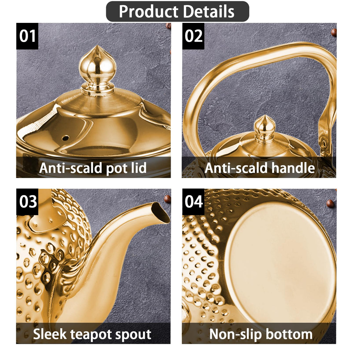 Alunsito Teapot for Stove Top, Stovetop Tea Kettle, Food Grade Stainless Steel Tea Kettle, 2.1qt Metal Tea Pot with Tea Strainer for Easy Tea, Coffee, Gold, 2 Liters