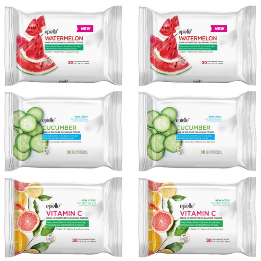 Epielle Makeup Remover Wipes, Remove Dirt, Oil, Waterproof Mascara, Gentle Daily Facial Cleanser Towelettes with Vitamin C, Watermelon & Cucumber, Hypoallergenic & Alcohol-Free, 30 Count (Pack of 6)