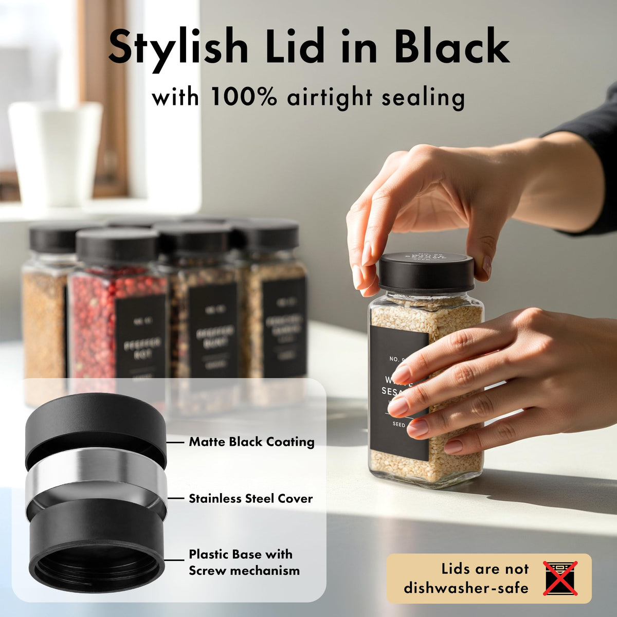 EDELHAUS Glass Spice Jars with Label, Seasoning Set, 36x Black Steel Lids
