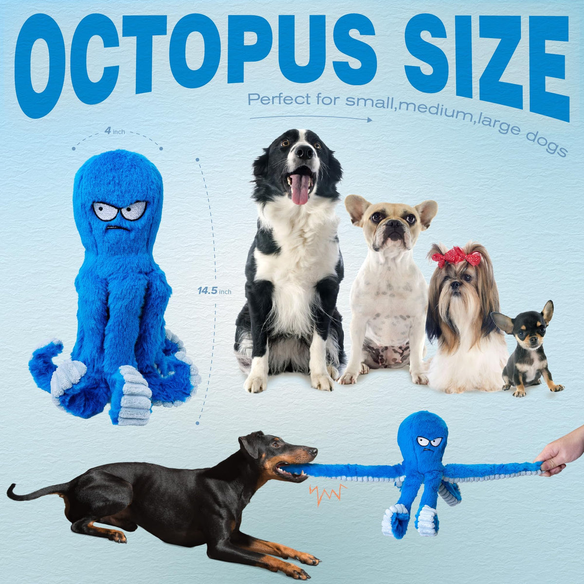LEGEND SANDY Tough Dog Toys, Stuffed Chew Large Dog Toys to Keep Them Busy, Interactive Squeaky Tug of War Doggie Toy, Crinkle Blue Octopus