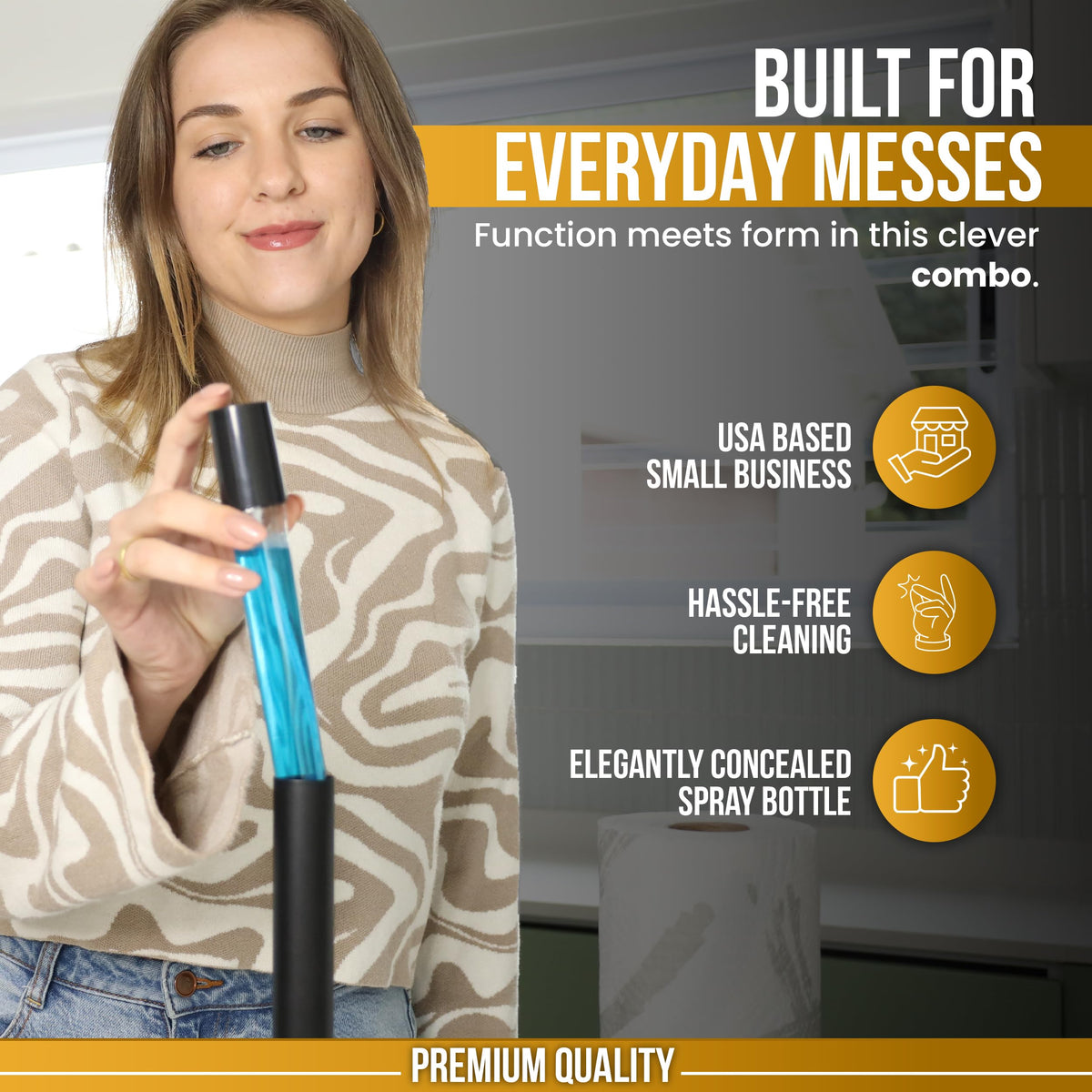 2-in-1 Paper Towel Holder with Spray Bottle, Matte Black Metal, Countertop
