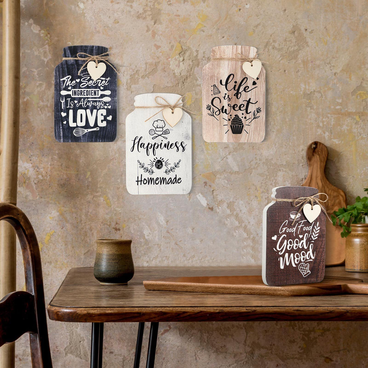 Weysat 4 Pieces Kitchen Wall Decor Mason Jar Set 5 x 8 Inch Wooden Farmhouse Dining Room Art Rustic Inspirational Kitchen Signs Decorations Mason Jar Wall Hanging Plaque