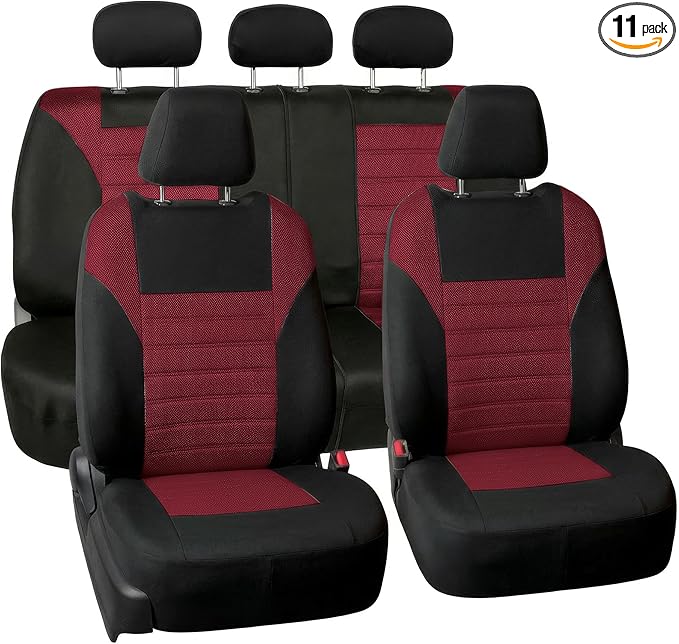 FH Group Automotive Car Seat Covers Full Set Premium 3D Air Mesh Front Seat Covers, Airbag Compatible & Split Bench Cover Universal Fit Interior Accessories for Cars Trucks and SUVs - Burgundy