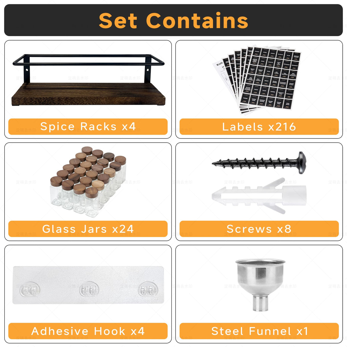 KitHero 4-Tier Wall Mount Spice Rack Organizer with 24 Glass Jars, 216 Labels & Funnel - Screw/Adhesive Mount, Black Metal & Wood Spice Storage for Kitchen Pantry Cabinet, 11.6”L x 2.4”W x 3.2”H