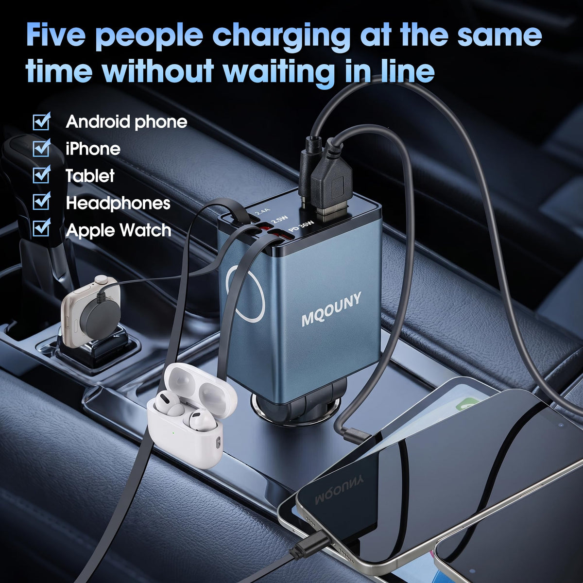 MQOUNY Retractable Car Charger, 87W USB C Fast Charge