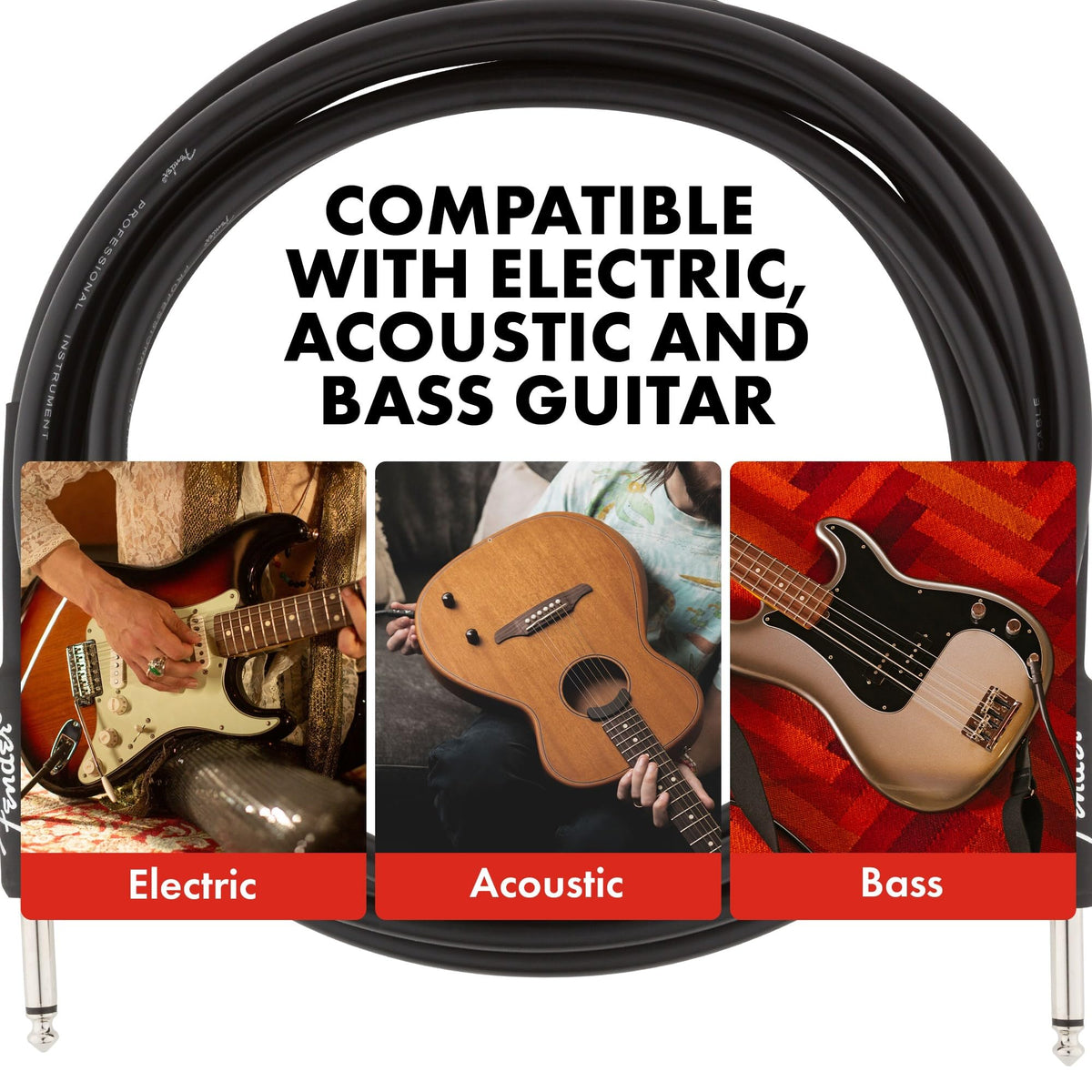 Fender Professional Instrument Cable, Guitar Cable, Anti-Kink, 10ft, Black