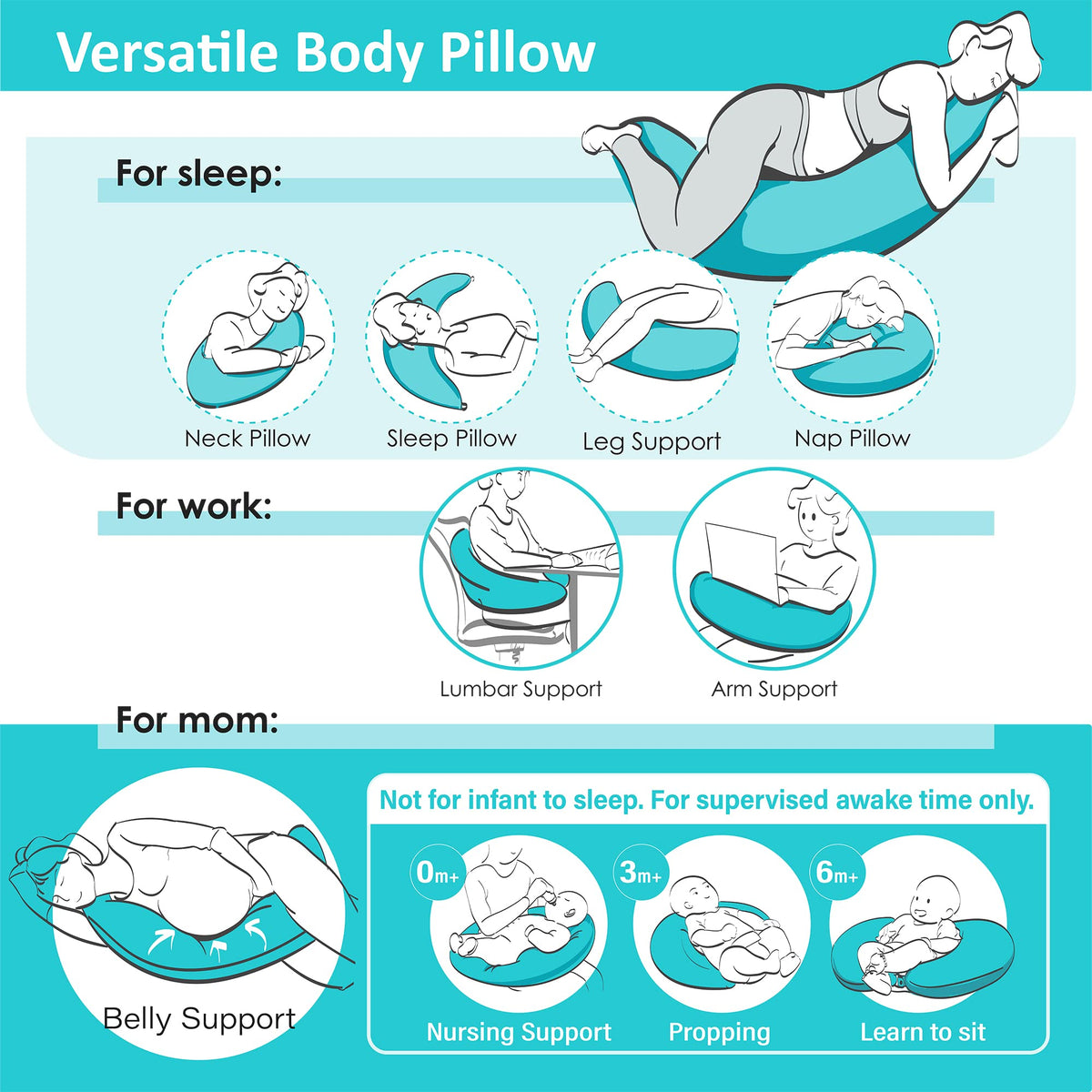 BYRIVER 39" Mint Green Blue C J Shaped Body Pillow for Side Sleeping Adults Men Women, Anxiety Relief Hug Pillow, Small Pregnancy Pillow Legs Knees Support, Gifts for New Moms (L)