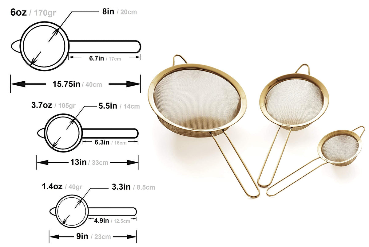 Proto Future Strainer Set Fine Mesh – Premium 304 Stainless Steel (18/8) – 8″, 5.5″ and 3.3″ Sturdy Kitchen Strainers (Gold)